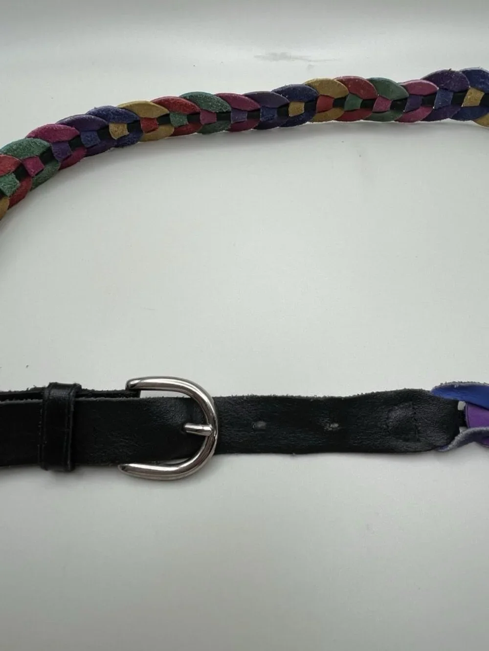 VTG 80s Rainbow Braided Genuine Leather Belt Size Large Colorblock Retro Funky